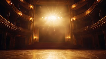 A grand theater stage illuminated by bright lights, creating an inviting atmosphere for performances.