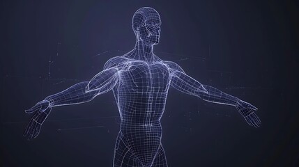 A 3D wireframe model of a human figure, showcasing anatomical structure and design.