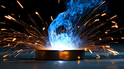 Abstract Background, Fiery Sparks and Blue Plasma Burst from Metal Surface