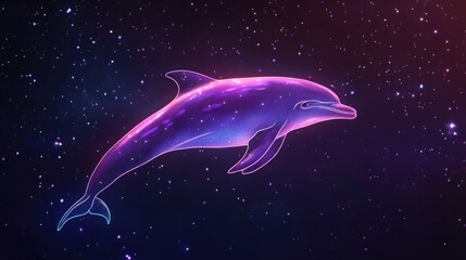 Naklejka premium A whimsical dolphin swims among a starry sky, its body adorned with celestial patterns, symbolizing freedom and the exploration of cosmic realms in an enchanting illustration.