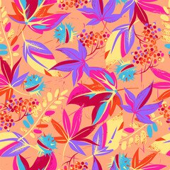 Seamless pattern with bright and colorful leaves. Maple leaves, rowan berries, chestnut fruits. Autumn pattern. Pink and purple colors. Vector illustration.