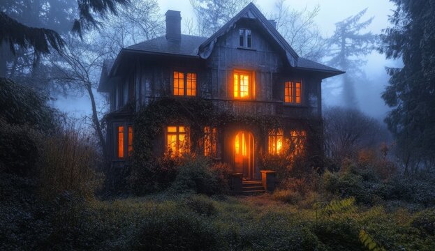 Mysterious old house glowing with light in a foggy forest