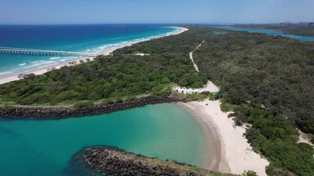 Marlo&rsquo;s Beach And Tweed Sand Bypass In Fingal Head, NSW, Australia. - aerial shot