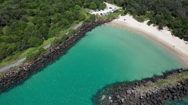 Aerial View Of Marlo&rsquo;s Beach With Crystal Clear Water - Fingal Head, New South Wales, Australia.