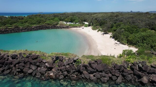 Quiet Little Marlo&rsquo;s Beach In Summer - Tweed River, NSW, Australia. - aerial shot