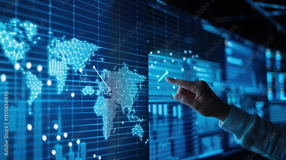 Poster hand interacting with digital world map interface in blue tones technology data analysis