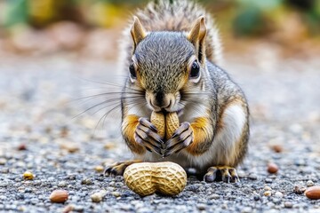 A squirrel munching on a peanut on the ground