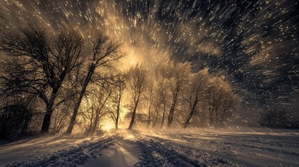 Obraz premium Nighttime nature photography slow motion dramatic snowfall in an awe-inspiring winter scene