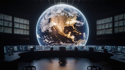 A futuristic control room displays a glowing Earth, surrounded by high-tech monitors, illustrating advanced technology and global monitoring.