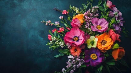 Charming fine art floral design captured from the front view, offering a stunning display of vibrant colors and intricate details. Ideal for creative projects with ample copy space.