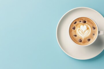 Obraz premium Coffee with latte art and a cookie on a light blue background for a cozy afternoon treat