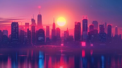 Obraz premium A vibrant city skyline at sunset with reflections on water.