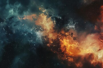 Glowing orange and blue gases and dust form an abstract painting in space.