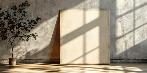 A blank canvas is positioned against a textured white wall, beautifully lit by the soft glow of natural sunlight. The sunlight enhances the walls texture and the canvas.