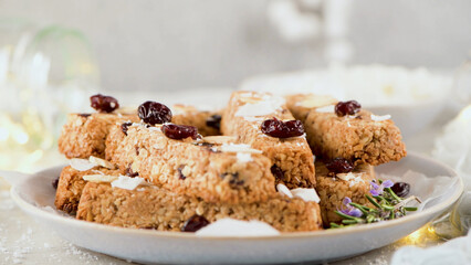 Cereal bars with almonds, coconut and cranberries
