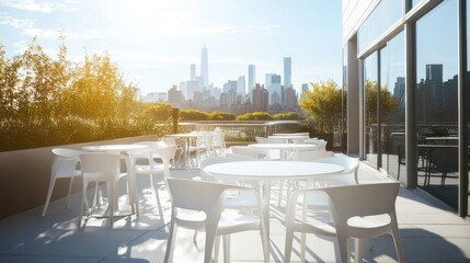 A sunny outdoor terrace with minimalist white tables and chairs, overlooking a city skyline.