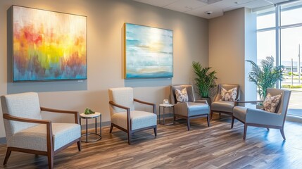 Relaxed modern office with soft lighting and ergonomic furniture in coworking space