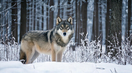 Fototapeta premium A grey wolf standing in a snowy forest, looking directly at the camera, surrounded by frosted trees