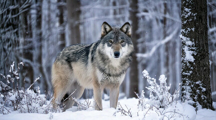 Fototapeta premium A grey wolf standing in a snowy forest, looking directly at the camera, surrounded by frosted trees