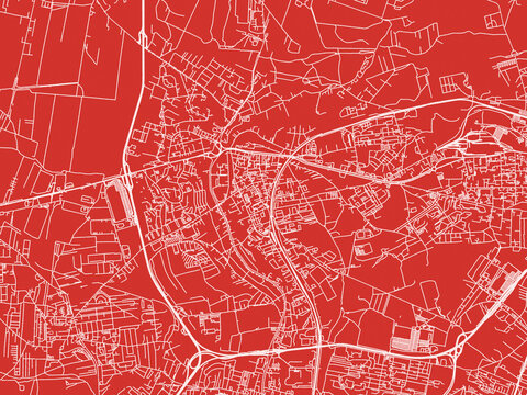 Christmas Map of Bedzin, Poland in Snowy White on Festive Red Background.