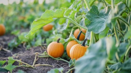 Pumpkin in farmland in Fall. Seasonal theme for greeting card background.