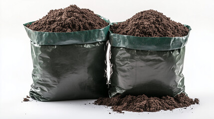 Bags of fresh potting soil on white background