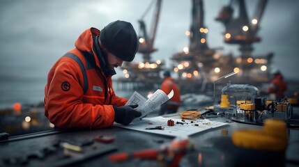 Offshore engineers designing and testing new offshore technology solutions skilled technicians operating complex machinery engineers studying blueprints and schematics