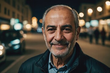 Fototapeta premium Close portrait of a smiling senior Lebanese man looking at the camera, Lebanese city outdoors at night blurred background