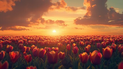 Tranquil tulip field at sunset aesthetic nature scene and floral beauty