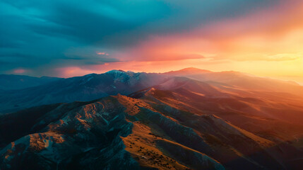 Obraz premium Aerial view of mountains during sunset.