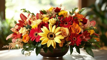 Obraz premium A table centerpiece featuring a bouquet of mixed flowers in warm tones of red, orange, and yellow.