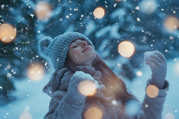 A young woman enjoying the snowfall, with closed eyes, dressed warmly in a winter hat and scarf. The scene is enhanced by soft, glowing bokeh lights, conveying a sense of peace and joy.