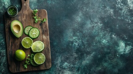 Preparing sliced avocados and lime on rustic cutting board kitchen food photography natural setting top view healthy eating