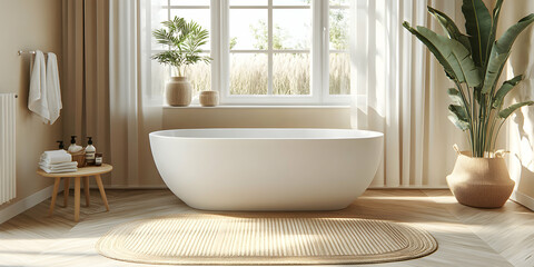 Fototapeta premium Serene Bathroom Interior, Oval Freestanding Tub, Natural Decor, and Sunlight Streaming Through Window