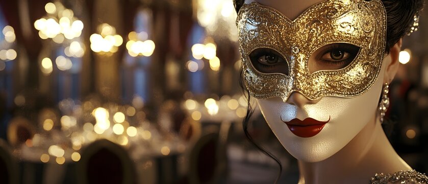 A mysterious woman in an elegant mask at a lavish gathering, showcasing beauty and intrigue