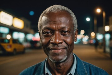 Close portrait of a smiling senior Liberian man looking at the camera, Liberian city outdoors at night blurred background