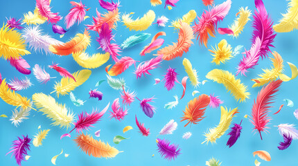 Colorful Feathers Falling on Blue Background