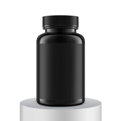 Plastic black packer pill bottle on pedestal mockup with black label for treats, vitamins, supplements isolated on white background. Vector illustration. ready for your design. EPS10.	