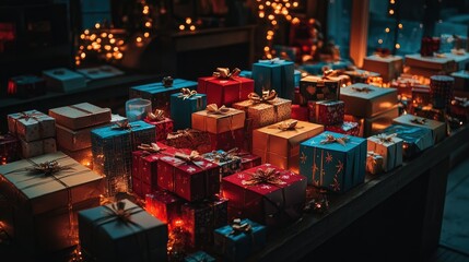 A table filled with New Year gift boxes of various sizes and colors, lit by warm fairy lights.