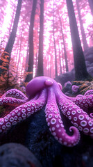 Obraz premium Pink Octopus in Enchanting Purple Forest, Digital Art Illustration of a Fantasy Creature in a Mystical Wood, Mysterious and Dreamlike Atmosphere