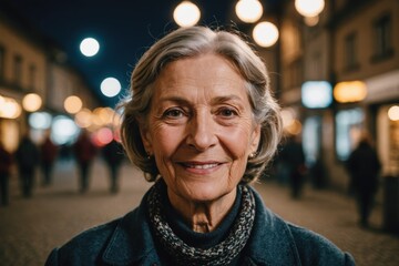 Obraz premium Close portrait of a smiling senior Liechtensteiner woman looking at the camera, Liechtensteiner city outdoors at night blurred background
