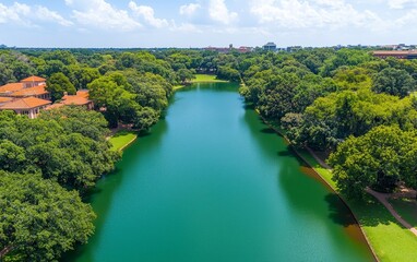 Fototapeta premium A serene aerial view of a lush green landscape featuring a tranquil blue river bordered by trees and residential buildings under a clear sky.
