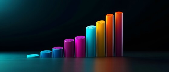 A vibrant and modern 3D illustration of colorful bar graphs showing growth and progress. Perfect for visualizing business analytics, presentations, or marketing strategies.