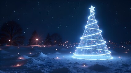 Decorations, magical, Christmas tree. Everything around is strewn with snow and a magical atmosphere