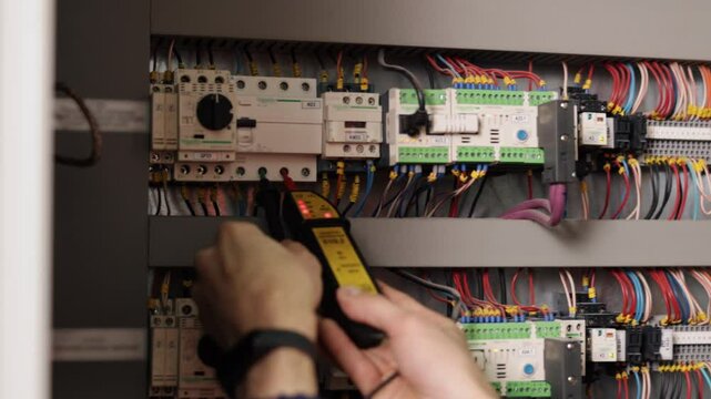 Electrician testing, Electrical connections, Electrical repairs. Close-up electrician using multimeter to test electrical connections on circuit breaker panel with colorful wiring.