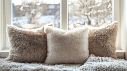 Cozy photo scene with fluffy pillows and shiny soft fur on blank mock ups by windows, creating a warm and inviting atmosphere perfect for relaxation and comfort.