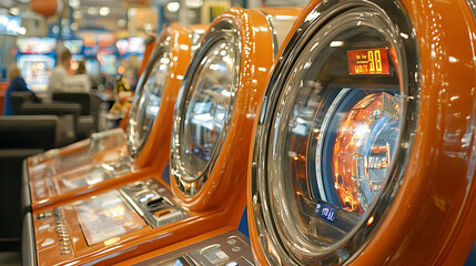 Fototapeta premium Orange Arcade Game Machines, Rows of Shiny, Attractive Slot Machines in a Bright Arcade Setting