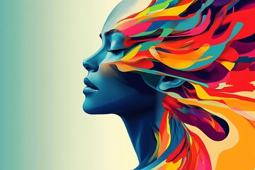 Abstract digital art of a woman with vibrant, flowing, colorful hair, symbolizing creativity, imagination, and the beauty of artistic self-expression.