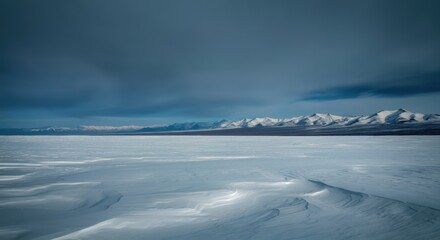 Frozen Lake, Winter Mountainscape, SnowCovered Peaks, Dramatic Sky, Arctic Wilderness, Serene Landscape