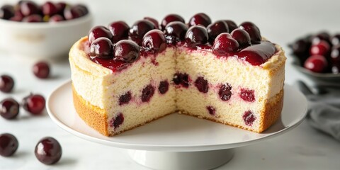 A homemade sponge cake filled with cherries, featuring delicious cherry filling inside the light and fluffy sponge cake. This is a cherry filled sponge cake made from scratch.